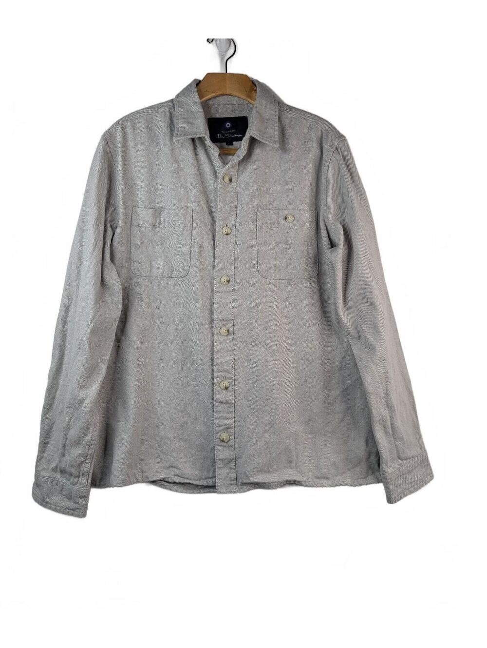 Ben Sherman 100% Cotton Light Gray/Off-White Flannel Button-Up Shirt Large